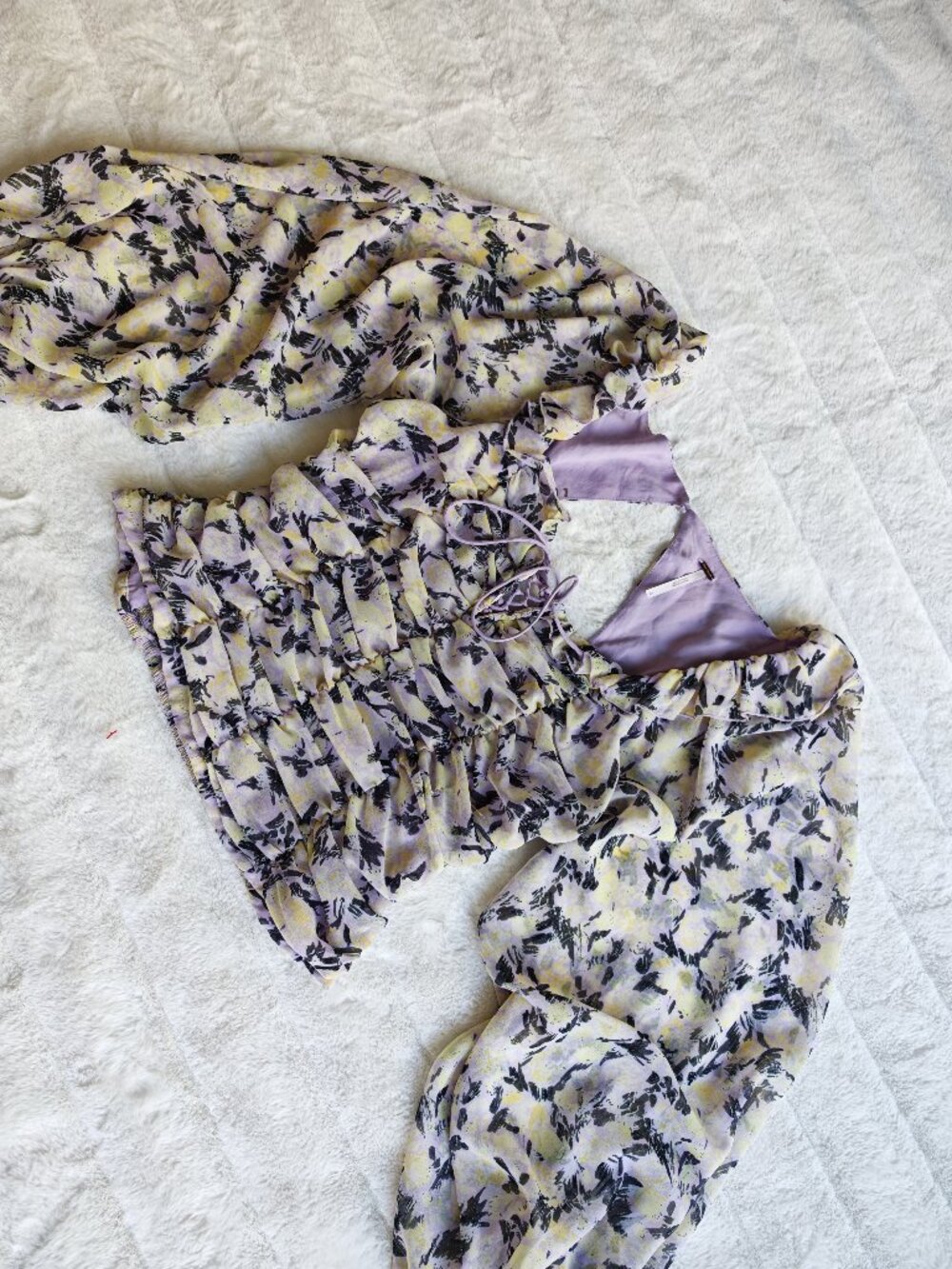Free People Floral Ruched Blouse Top Puff Sleeve Tie Front Cottagecore Boho Roma - Picture 4 of 13
